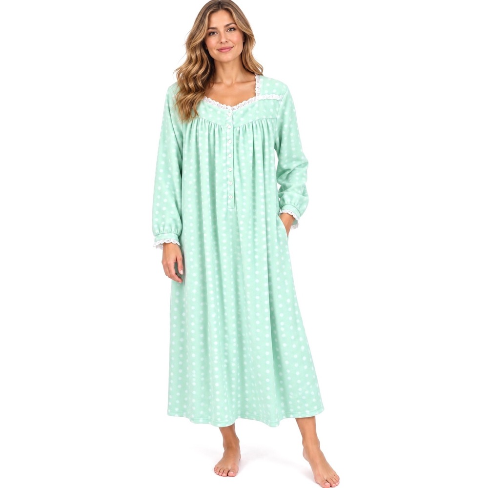 Lanz of Salzburg Microfleece Long Nightgown Womens Size M Mint Polka Dot Lace